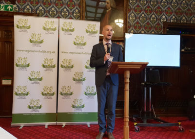 A speaker presenting at the Vegetarian for Life Awards